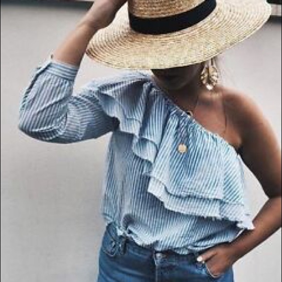 Zara Tops - Zara Striped One Shoulder Ruffle Raw Hem Top!